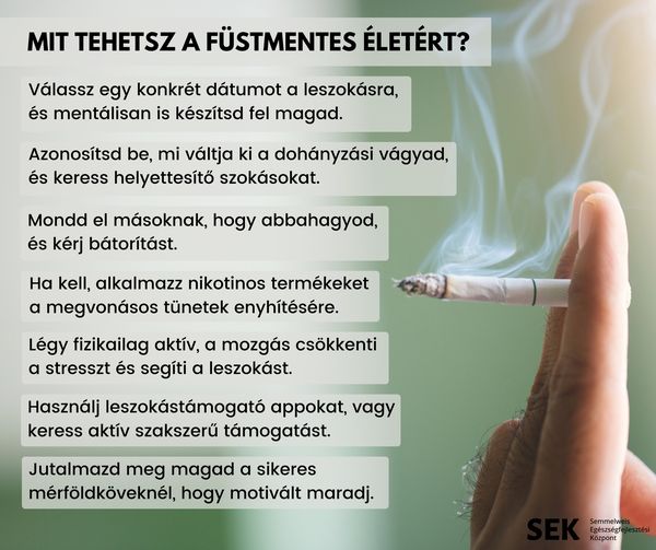 Mit tehetsz a füstmentes életért? Válassz egy konkrét dátumot a leszokásra, és mentálisan készítsd fel magad. Azonosísd be, mi váltja ki a dohányzási vágyad, és keress helyettesítő szokásokat. Mondd el másoknak, hogy abbahagyod, és kérj bátorítást. Ha kell, alkalmazz nikotinos termékeket a megvonásos tünetek enyhítésére. Légy fizikailag aktív, a mozgás csökkenti a stresszt és segíti a leszokást. Használj leszokástámogató appokat, vagy keress aktív szakszerű támogatást. Jutalmazd meg magad a sikeres mérföldköveknél, hogy motivált maradj. 